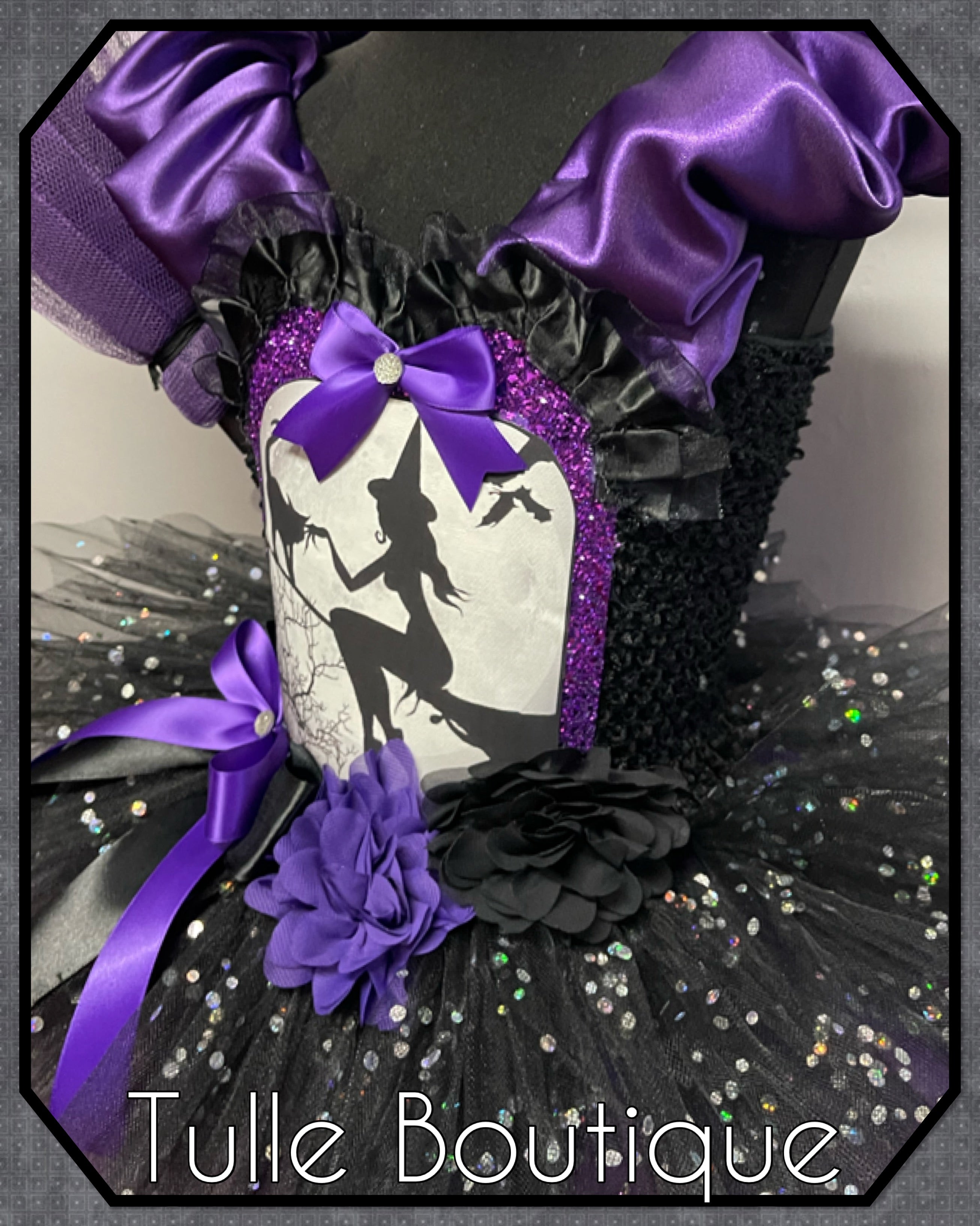 Girls toddlers Halloween witch on a broom tutu dress, ballgown, fancy dress costume