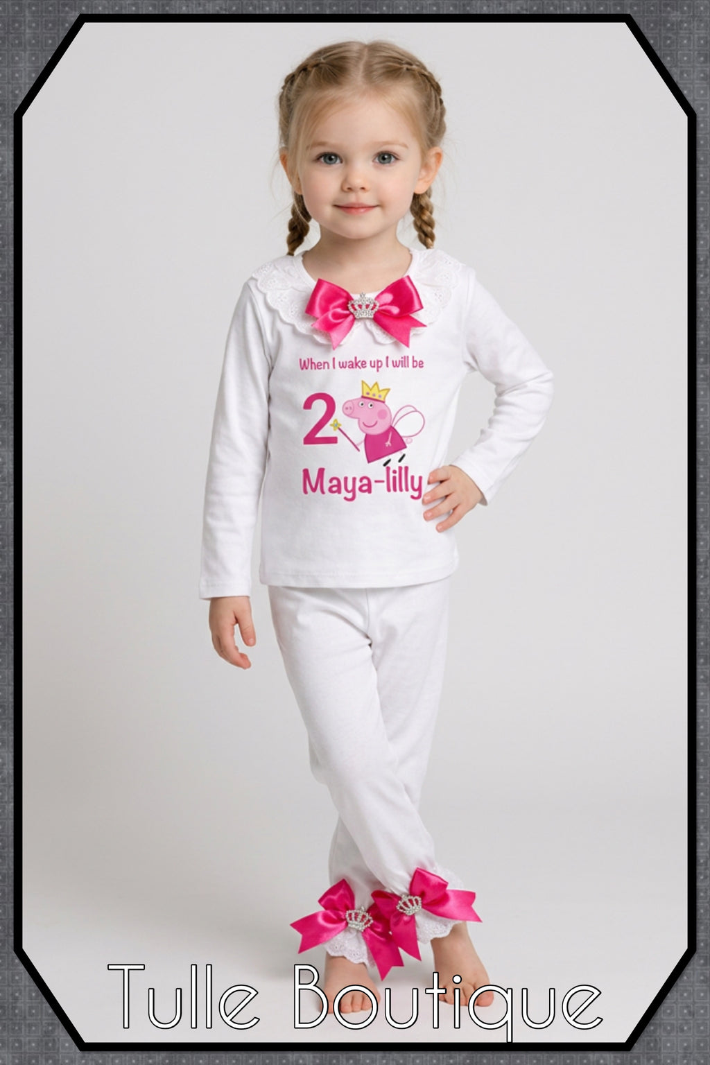 Girls toddlers Peppa pig hotpink bow ‘when I wake up’ birthday personalised pjs