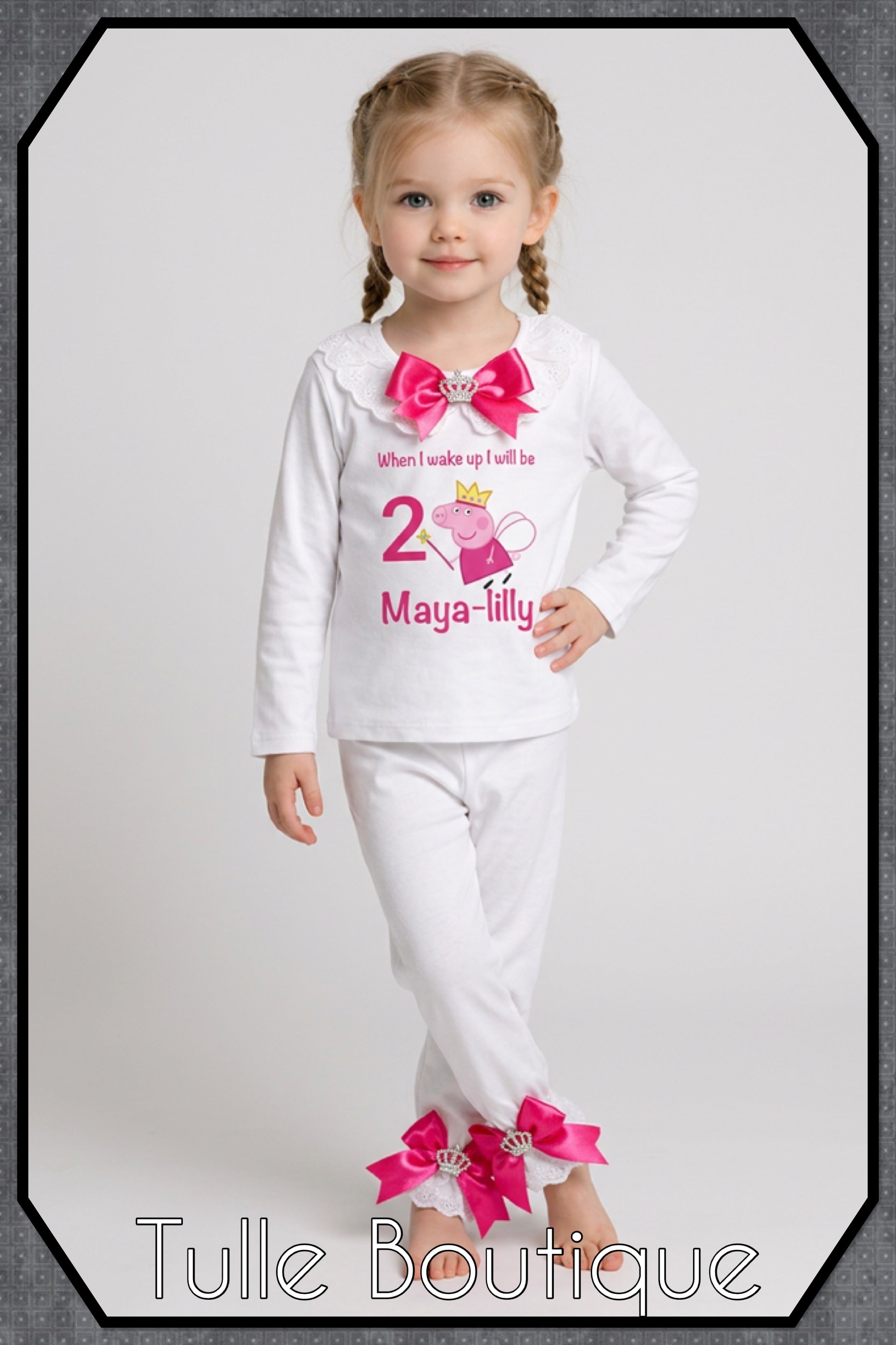 Girls toddlers Peppa pig hotpink bow ‘when I wake up’ birthday personalised pjs