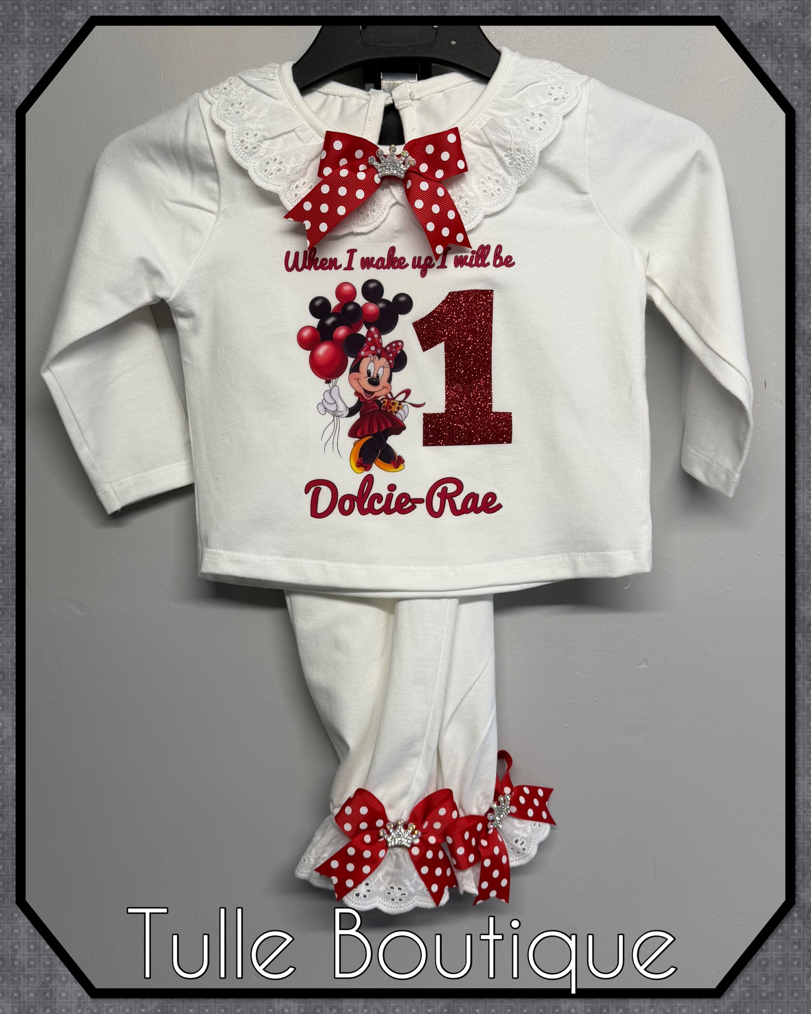 Girls toddlers Minnie Mouse Red spot bow when I wake up birthday personalised pjs