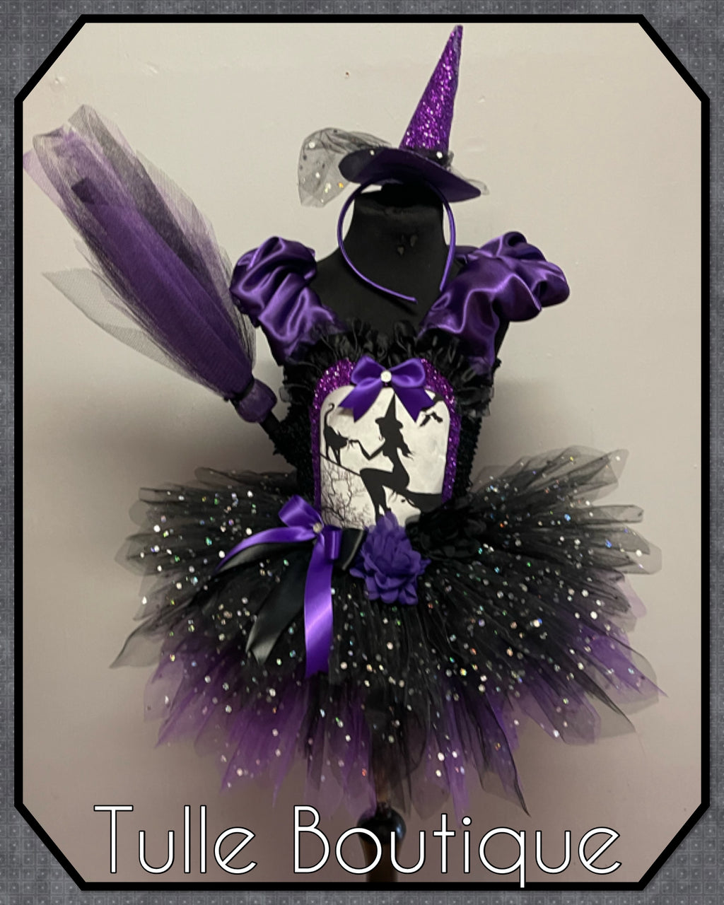 Girls toddlers Halloween witch on a broom tutu dress, ballgown, fancy dress costume