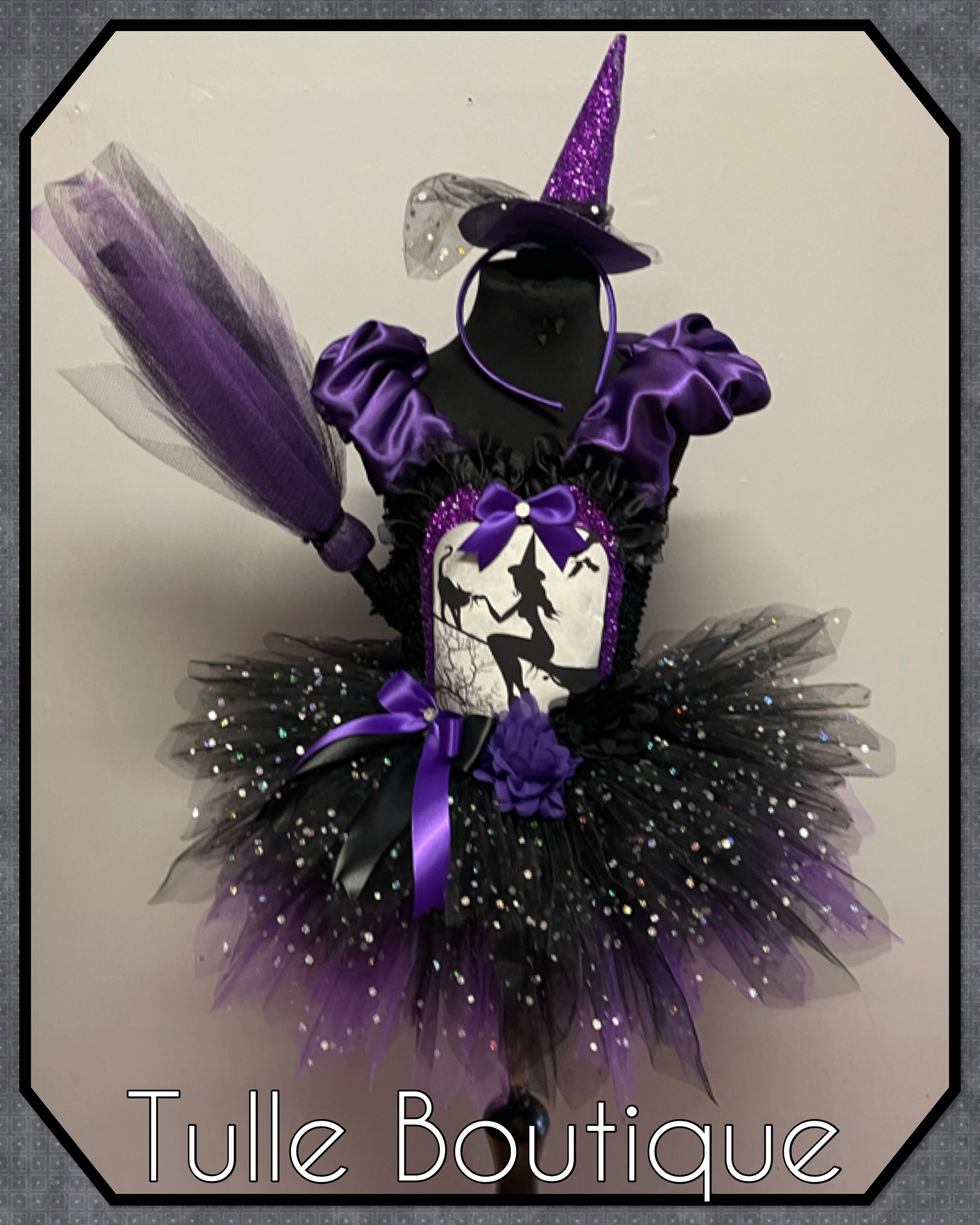 Girls toddlers Halloween witch on a broom tutu dress, ballgown, fancy dress costume
