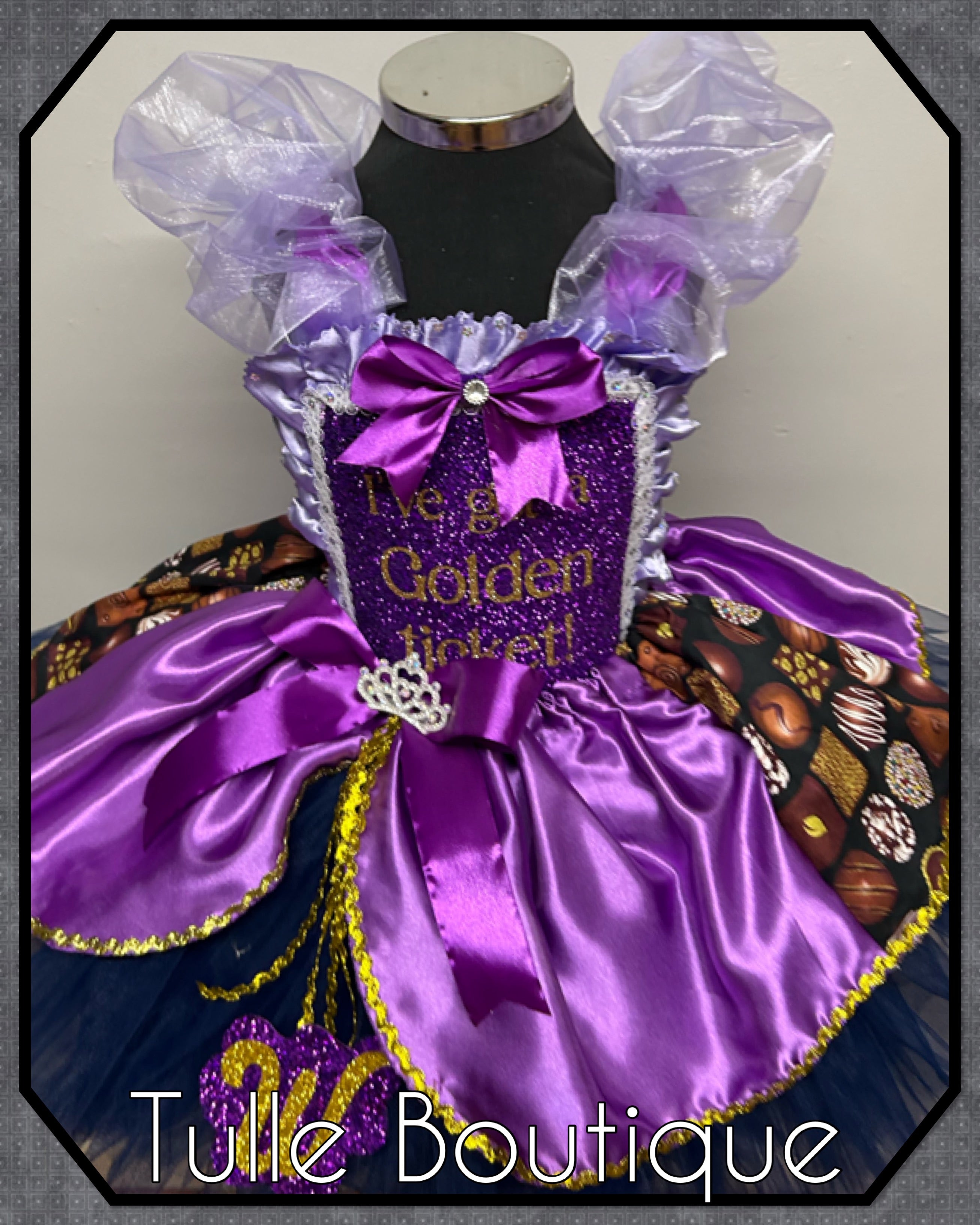 Girls toddlers Charlie and the chocolate factory Golden Ticket Princess tutu birthday party dress,ballgown, fancy dress costume