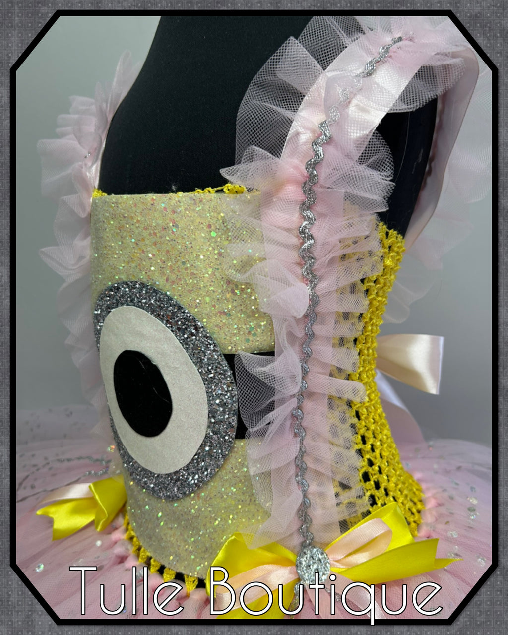 Girls toddlers pink and yellow minion tutu dress, book day fancy dress Halloween costume