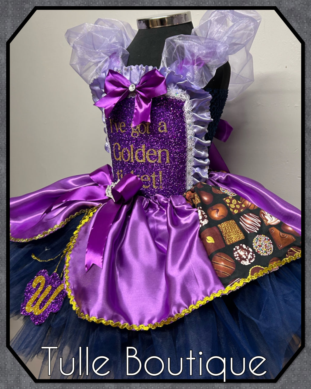 Girls toddlers Charlie and the chocolate factory Golden Ticket Princess tutu birthday party dress,ballgown, fancy dress costume