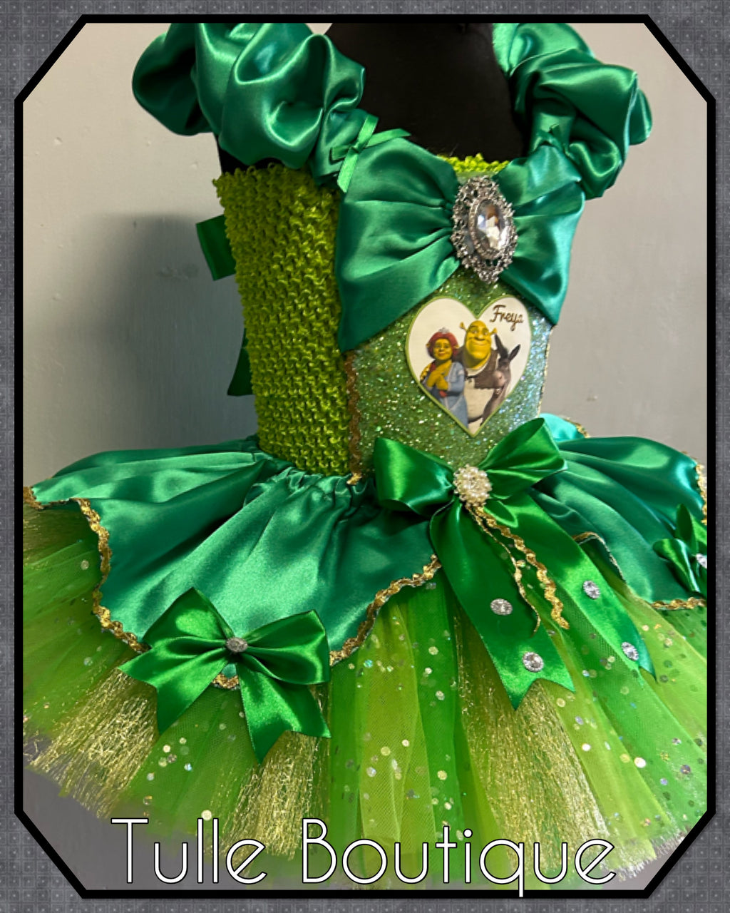 Girls toddlers Shrek, Princess Fiona green satin tutu dress, frozen ballgown, fancy dress costume