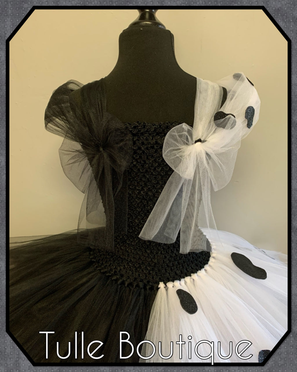 Girls toddlers Cruella de Ville tutu dress, ballgown, 101 Dalmatians fancy dress costume black and white