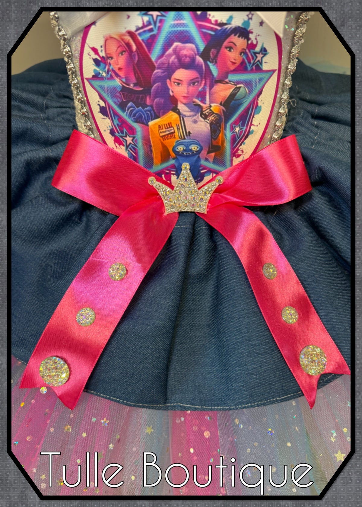 Girls toddlers Rumi Mira Zoe tutu dress, birthday ballgown, fancy dress costume denim overlayer