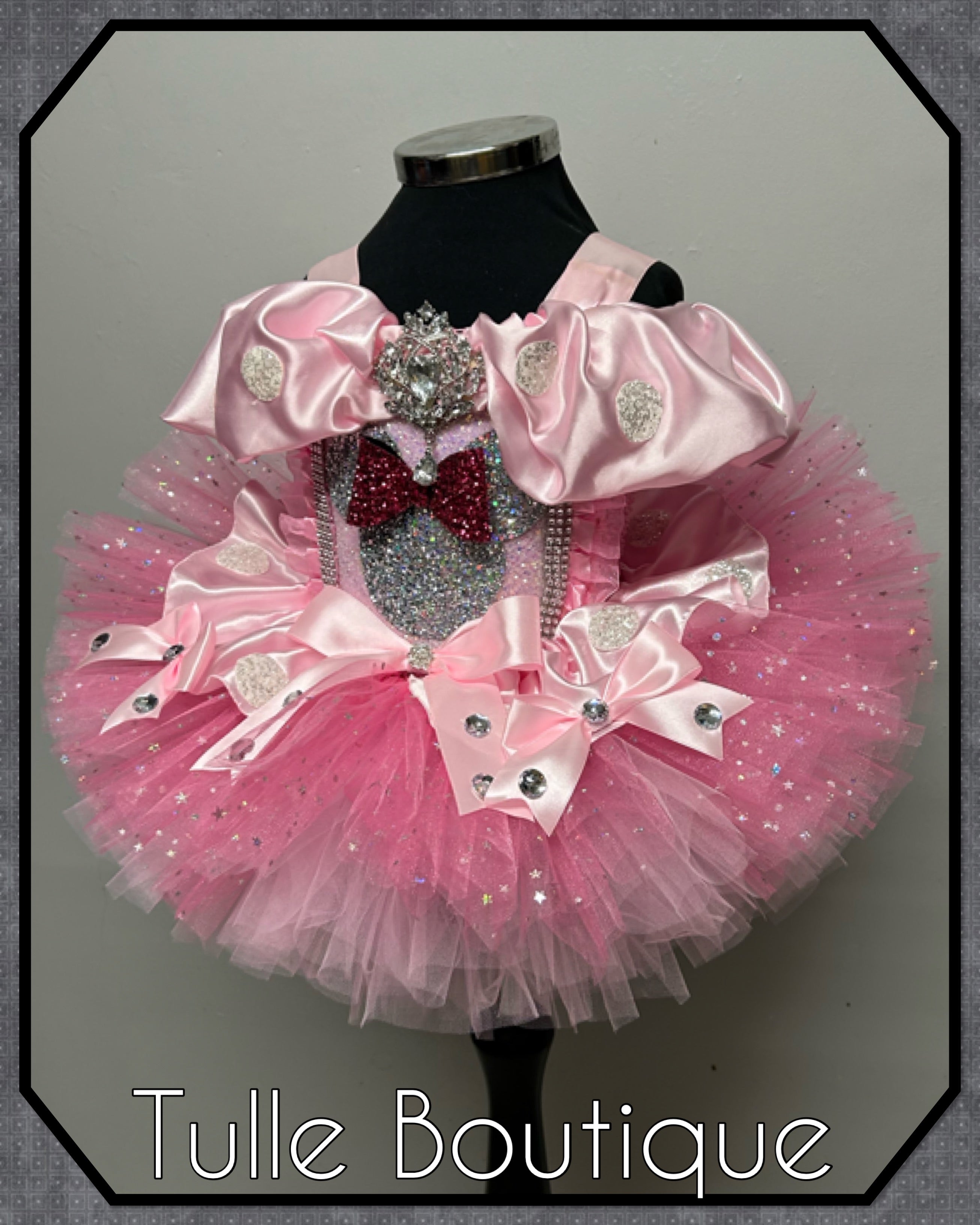 Girls toddlers Glitter Minnie Mouse Princess tutu pink and silver birthday party dress,ballgown, fancy dress costume