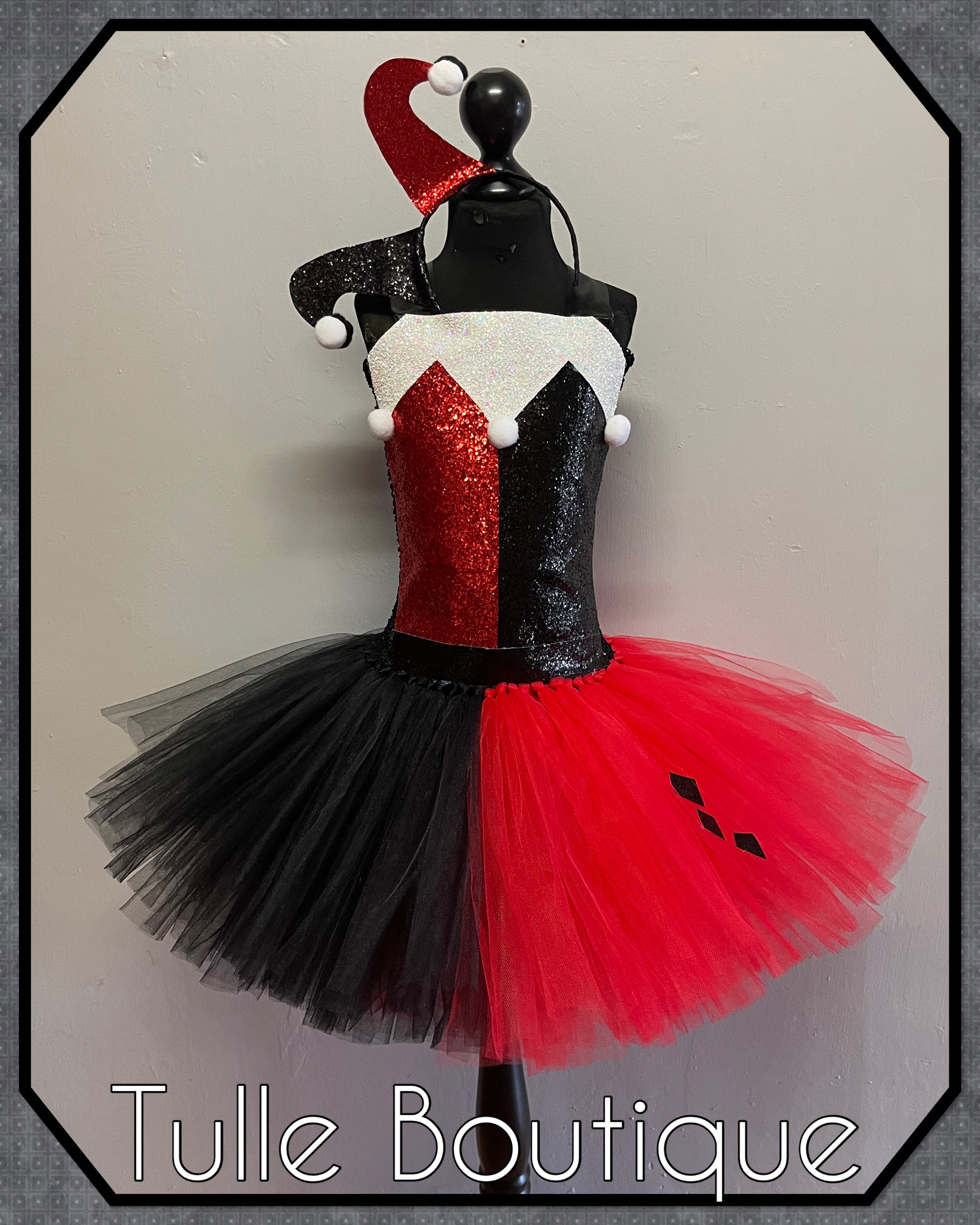 Girls toddlers Jester clown tutu dress, ballgown,Harley Quinn fancy dress costume