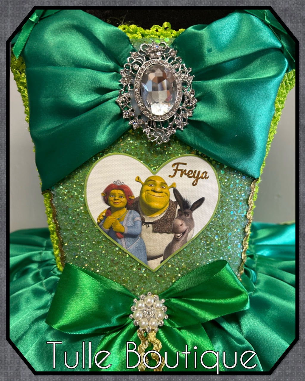 Girls toddlers Shrek, Princess Fiona green satin tutu dress, frozen ballgown, fancy dress costume