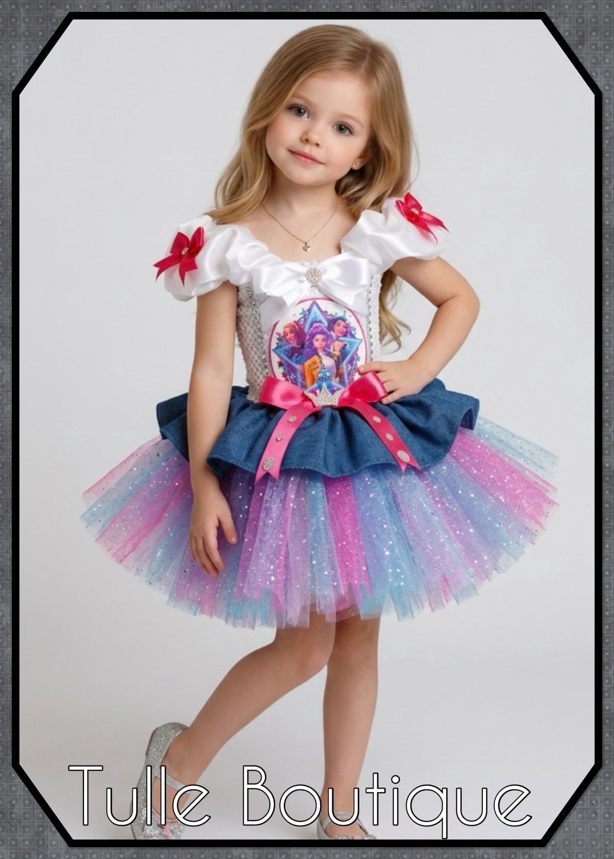 Girls toddlers Rumi Mira Zoe tutu dress, birthday ballgown, fancy dress costume denim overlayer