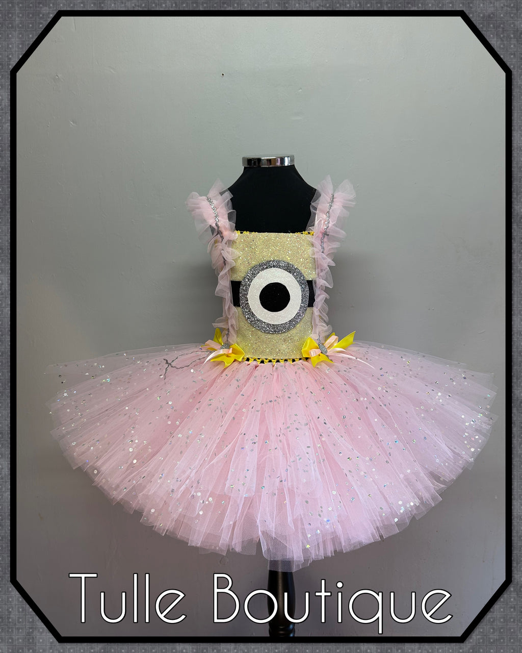 Girls toddlers pink and yellow minion tutu dress, book day fancy dress Halloween costume