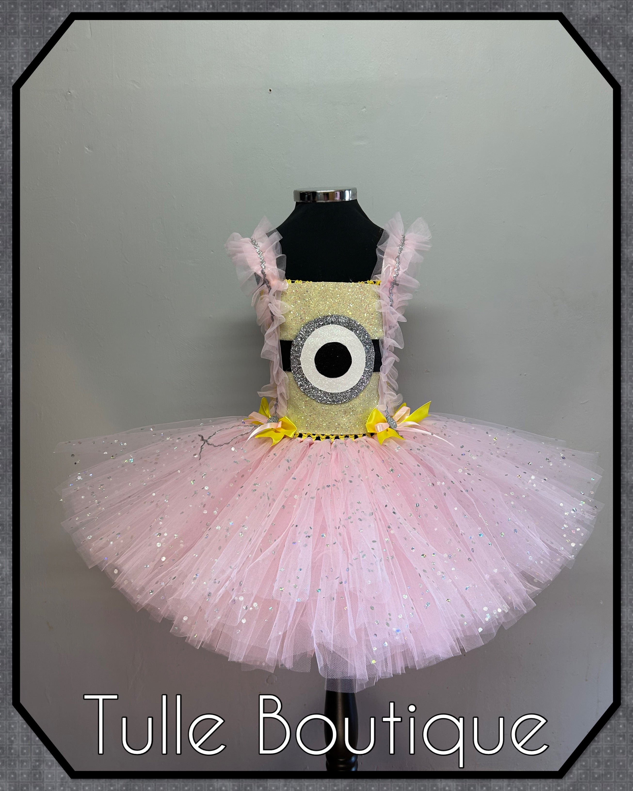 Girls toddlers pink and yellow minion tutu dress, book day fancy dress Halloween costume