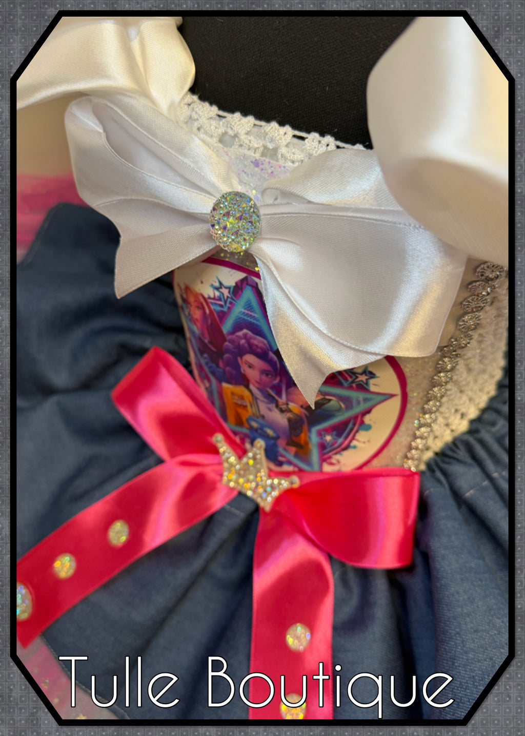 Girls toddlers Rumi Mira Zoe tutu dress, birthday ballgown, fancy dress costume denim overlayer