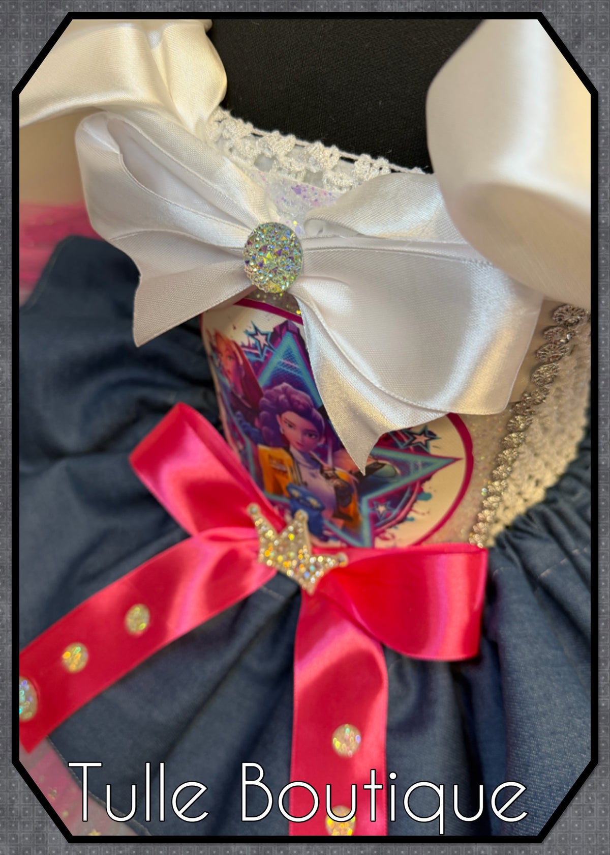 Girls toddlers Rumi Mira Zoe tutu dress, birthday ballgown, fancy dress costume denim overlayer