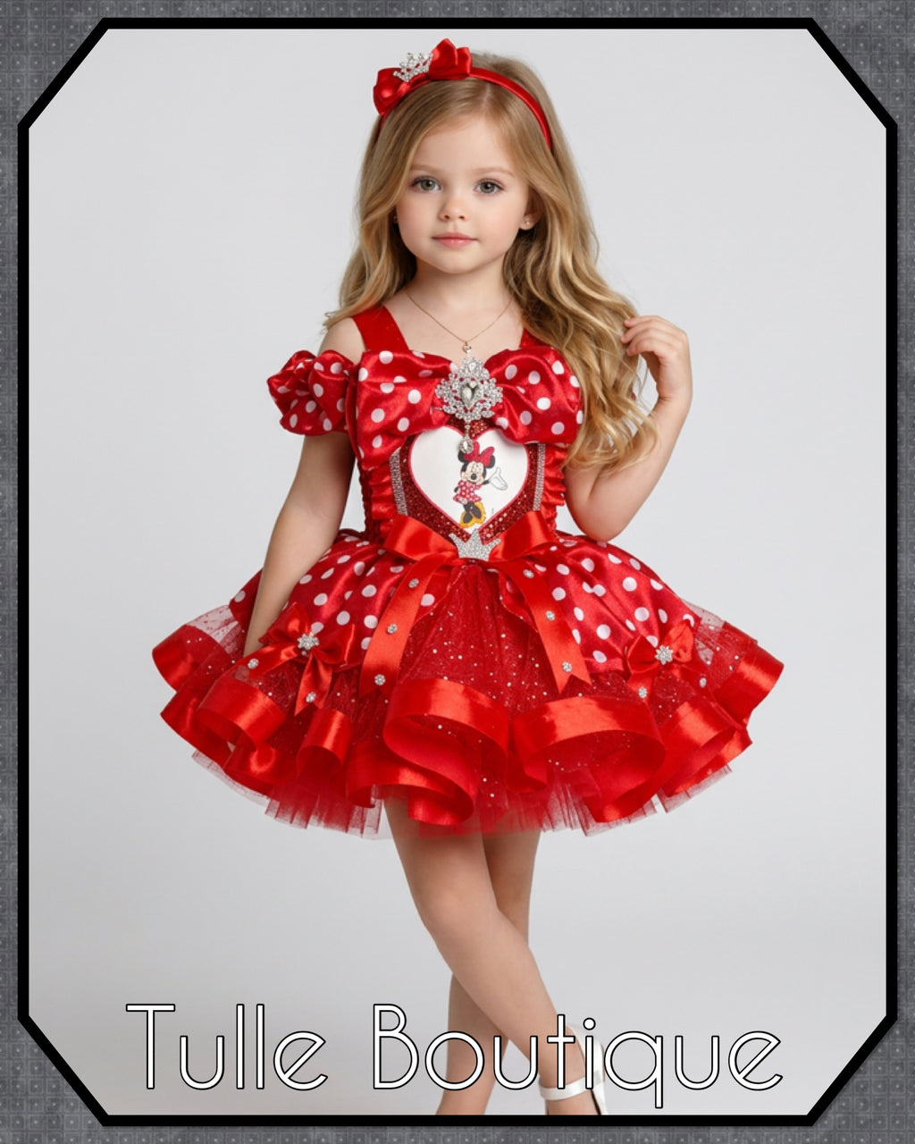 Girls toddlers Minnie Mouse Red tutu birthday party dress,ballgown, fancy dress costume with ribbon trimmed tutu