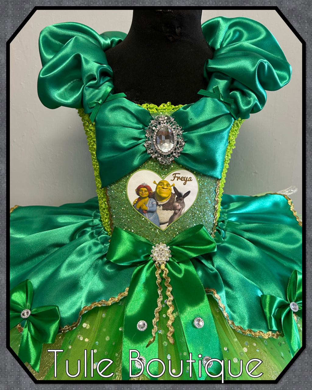 Girls toddlers Shrek, Princess Fiona green satin tutu dress, frozen ballgown, fancy dress costume