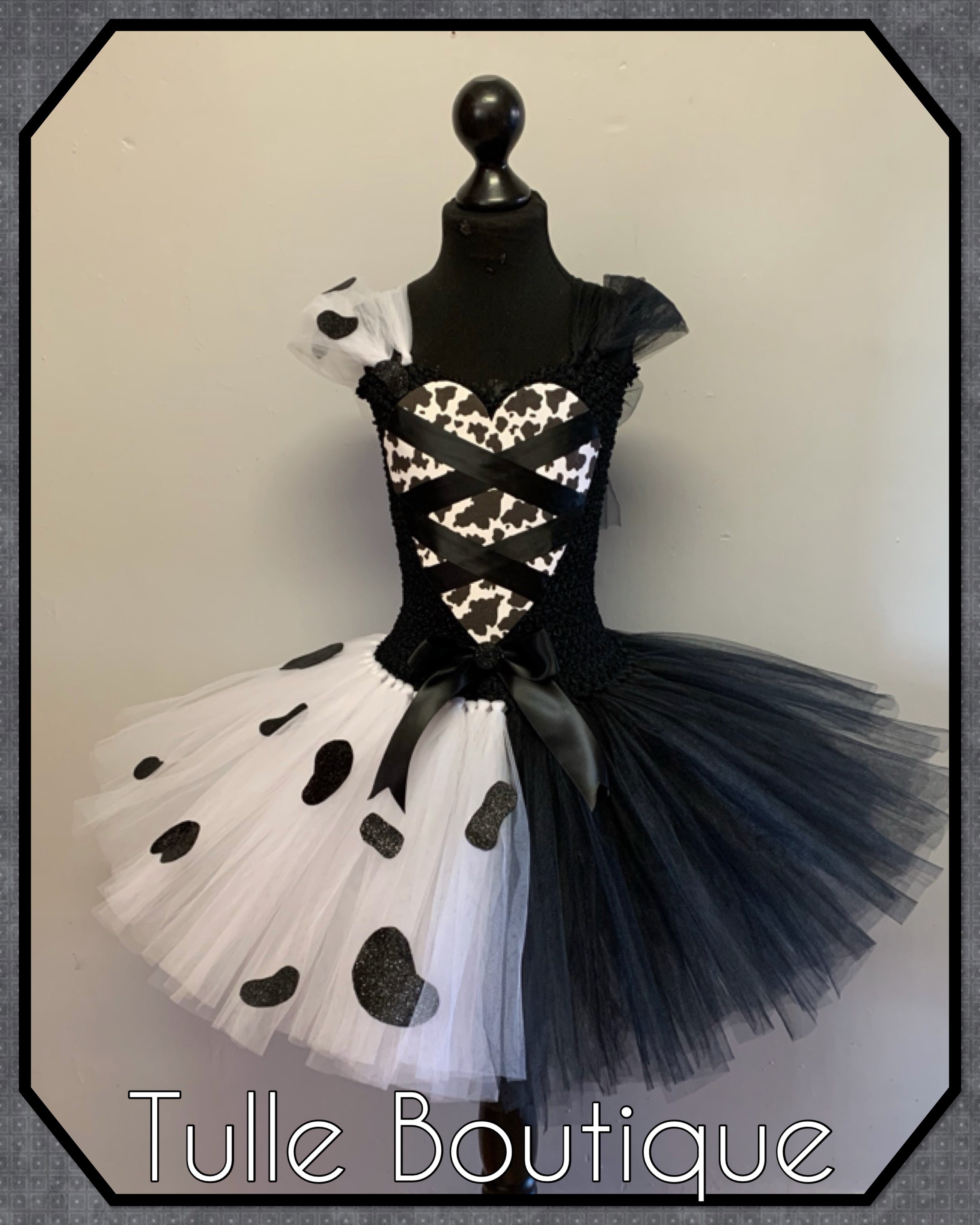 Girls toddlers Cruella de Ville tutu dress, ballgown, 101 Dalmatians fancy dress costume black and white