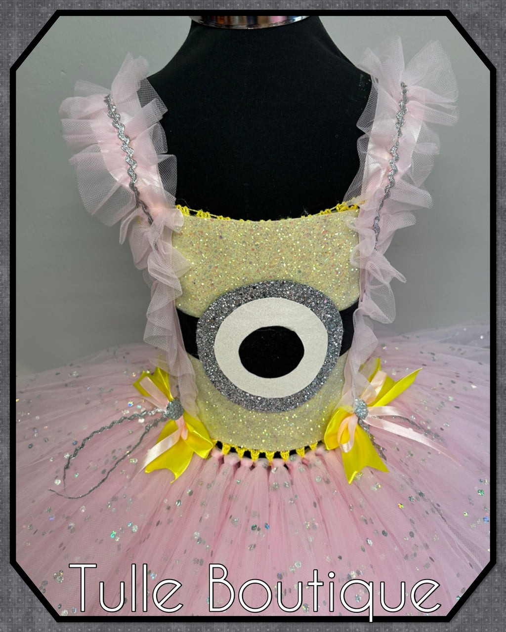 Girls toddlers pink and yellow minion tutu dress, book day fancy dress Halloween costume