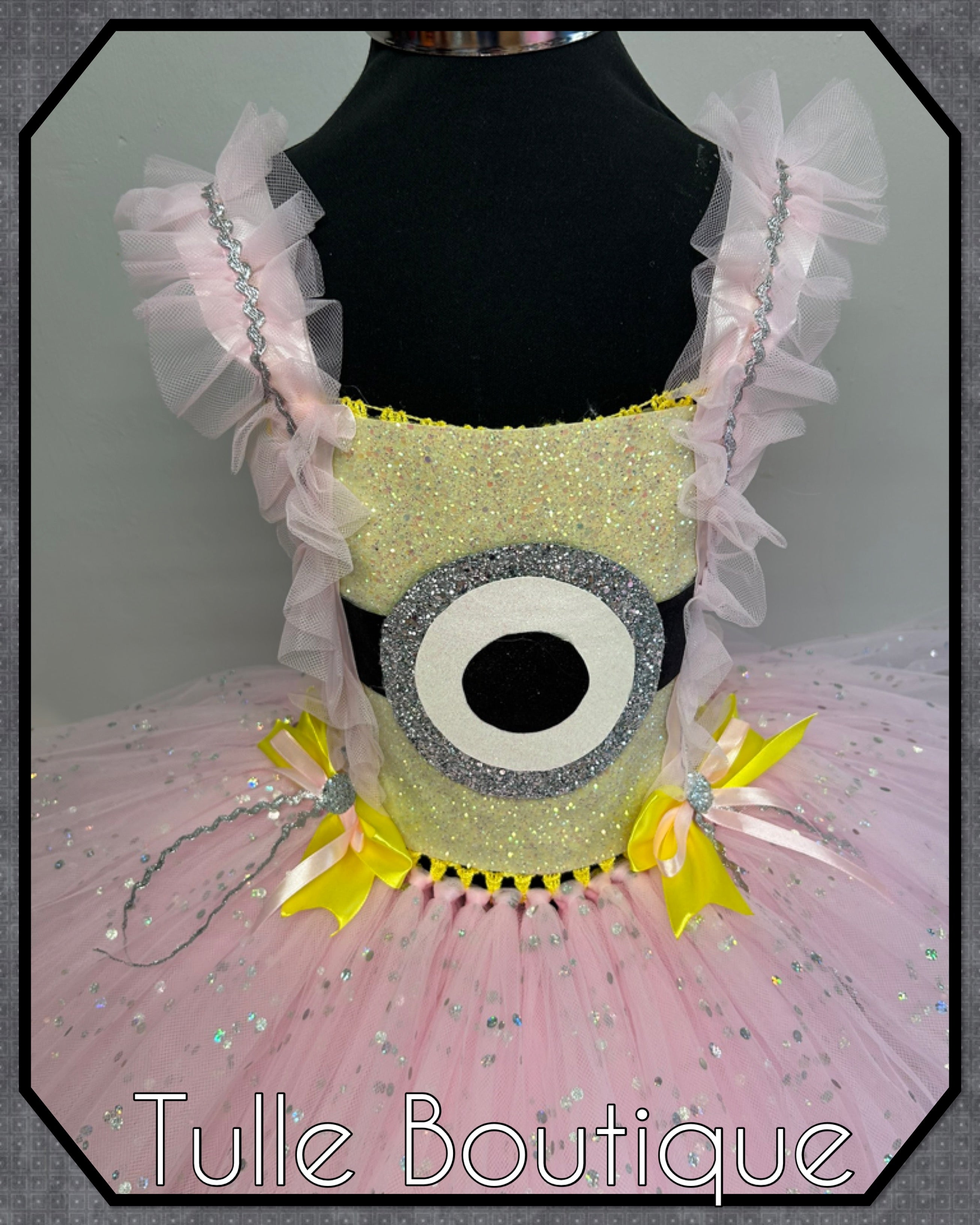 Girls toddlers pink and yellow minion tutu dress, book day fancy dress Halloween costume