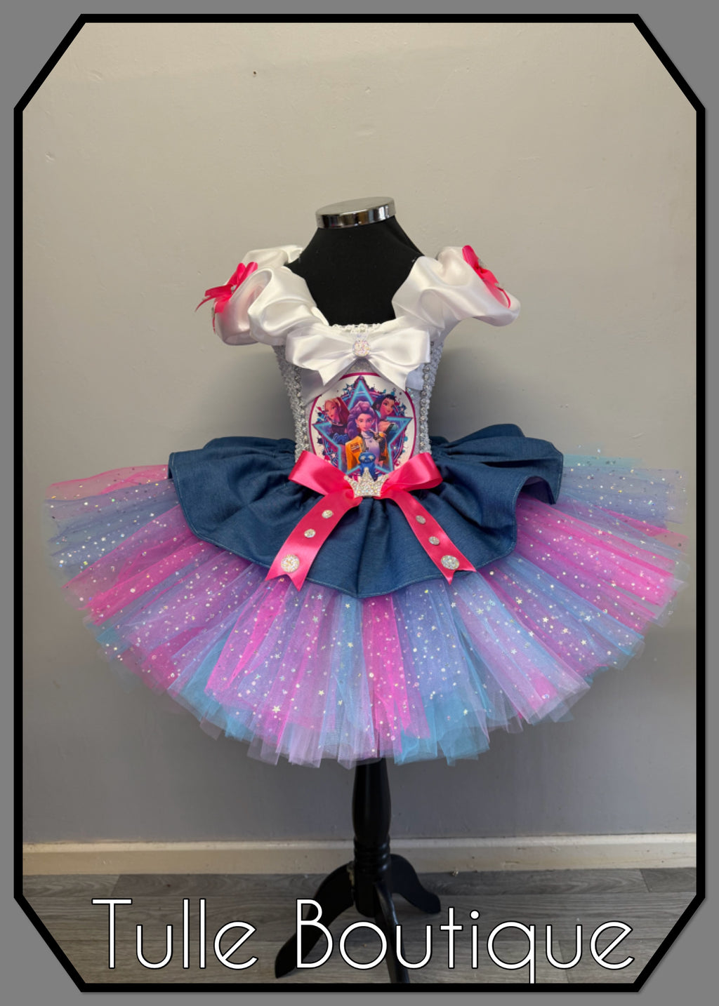 Girls toddlers Rumi Mira Zoe tutu dress, birthday ballgown, fancy dress costume denim overlayer