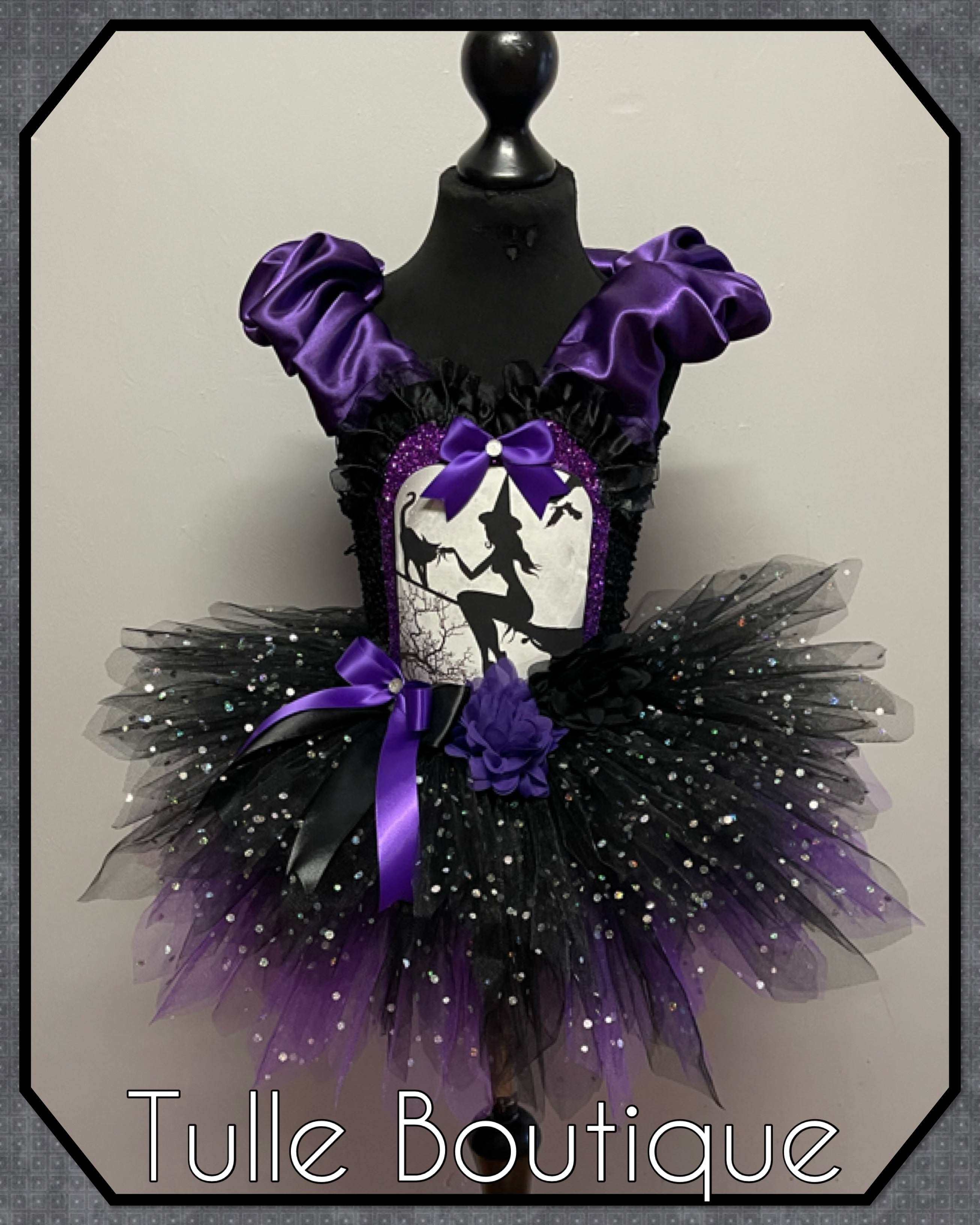 Girls toddlers Halloween witch on a broom tutu dress, ballgown, fancy dress costume