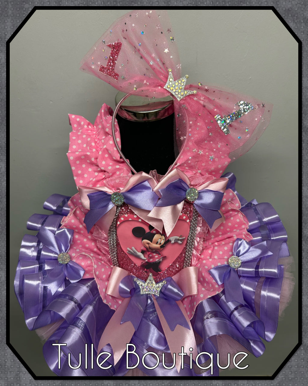 Girls toddlers Minnie Mouse pink and lilac tutu dress, ribbon trimmed ballgown, fancy dress costume