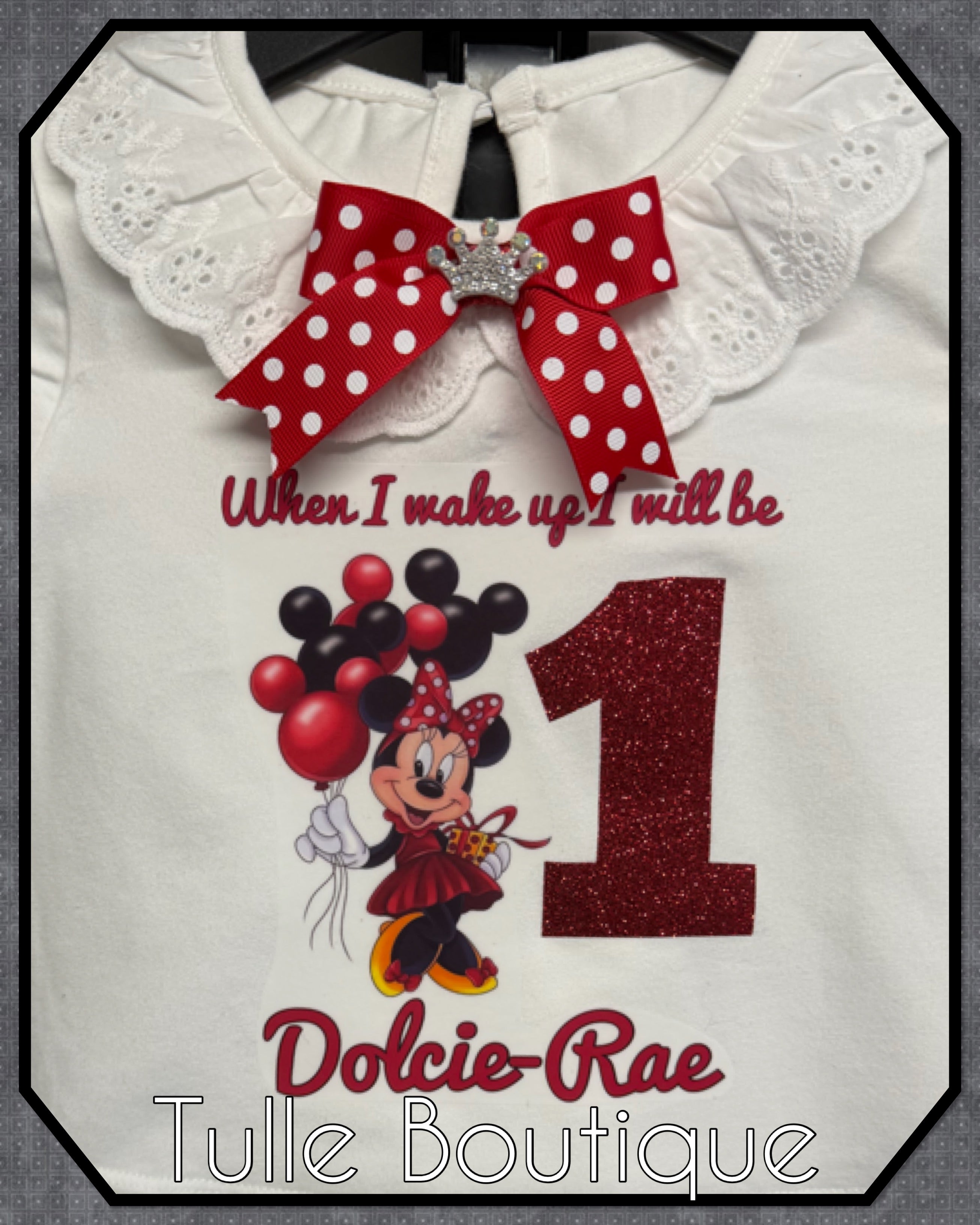 Girls toddlers Minnie Mouse Red spot bow when I wake up birthday personalised pjs