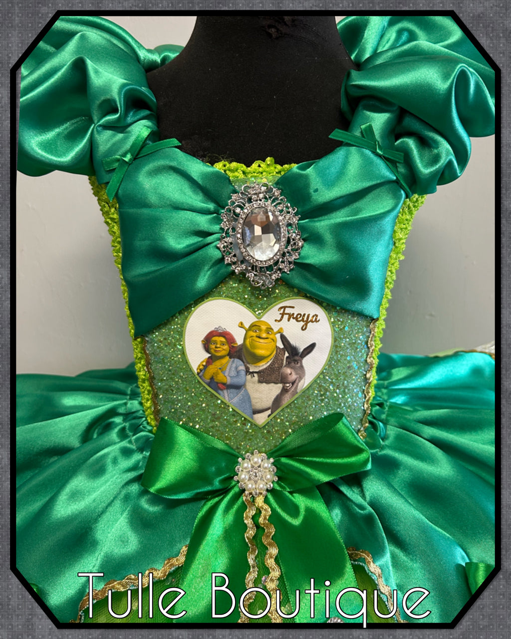 Girls toddlers Shrek, Princess Fiona green satin tutu dress, frozen ballgown, fancy dress costume