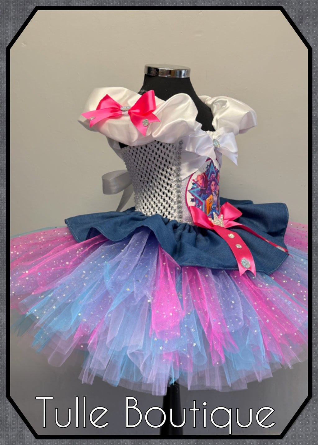 Girls toddlers Rumi Mira Zoe tutu dress, birthday ballgown, fancy dress costume denim overlayer