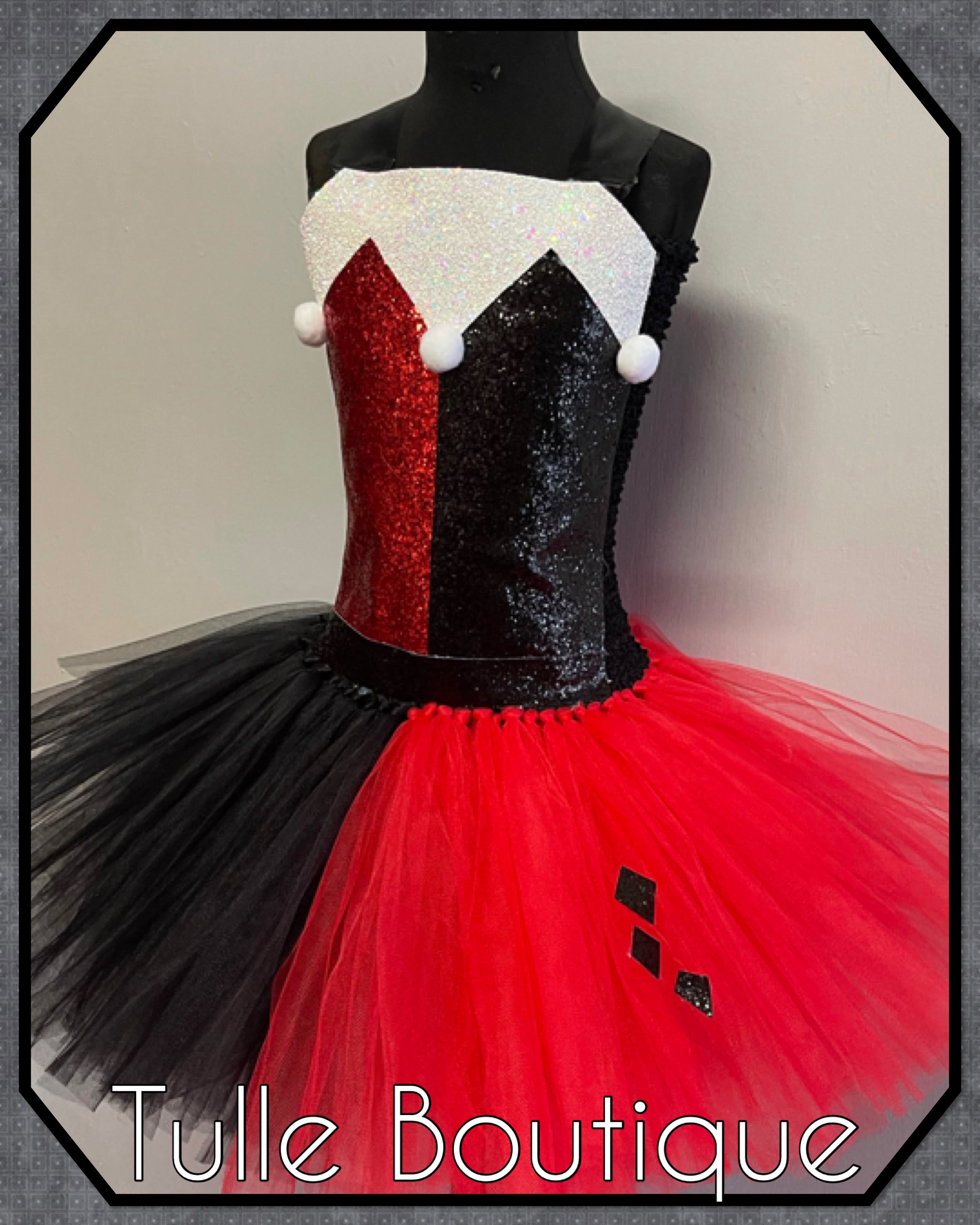 Girls toddlers Jester clown tutu dress, ballgown,Harley Quinn fancy dress costume