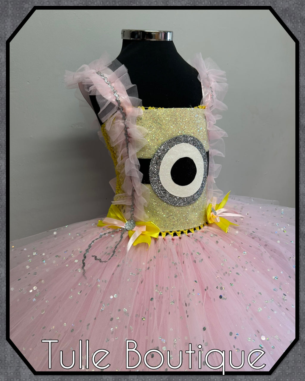 Girls toddlers pink and yellow minion tutu dress, book day fancy dress Halloween costume