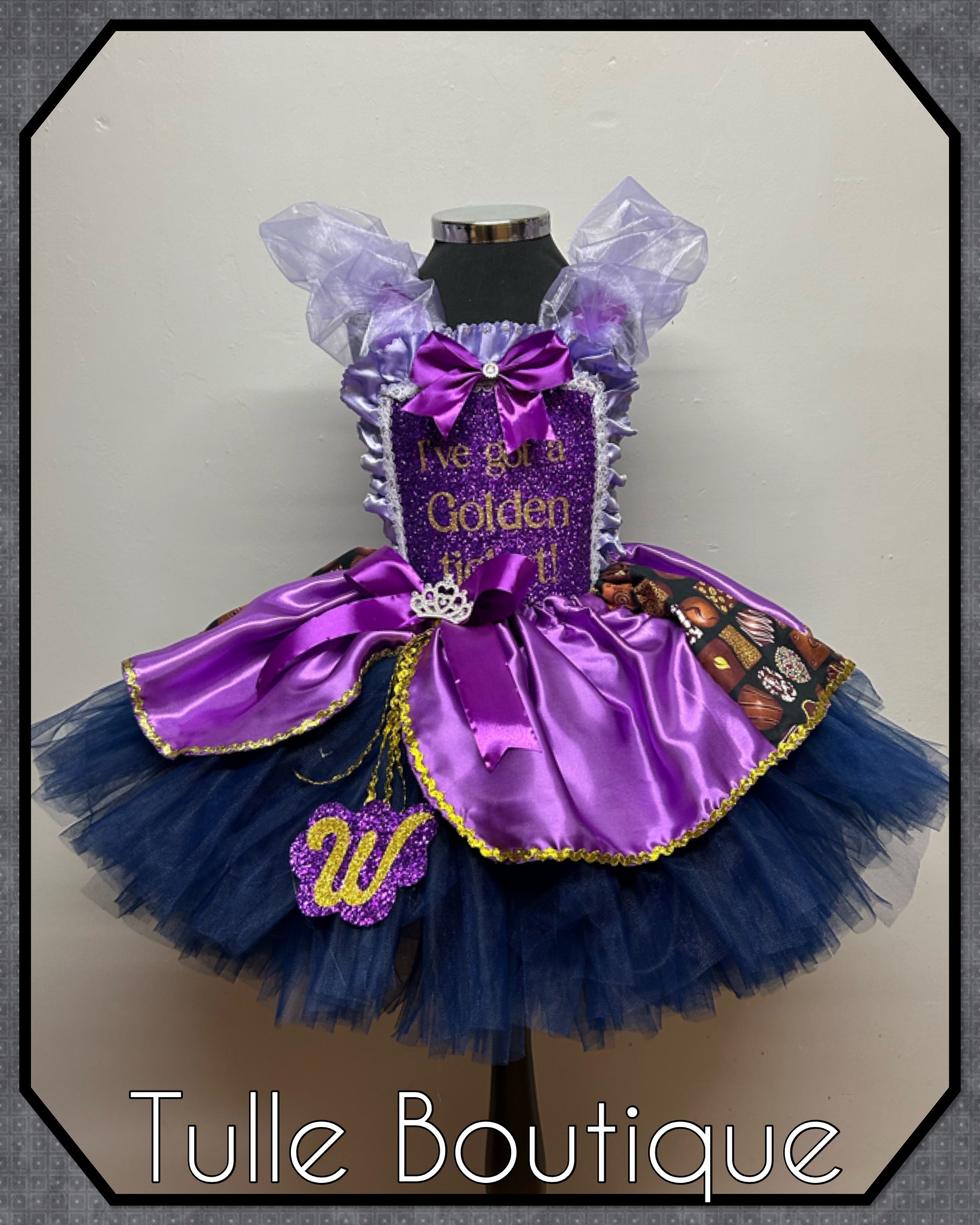 Girls toddlers Charlie and the chocolate factory Golden Ticket Princess tutu birthday party dress,ballgown, fancy dress costume