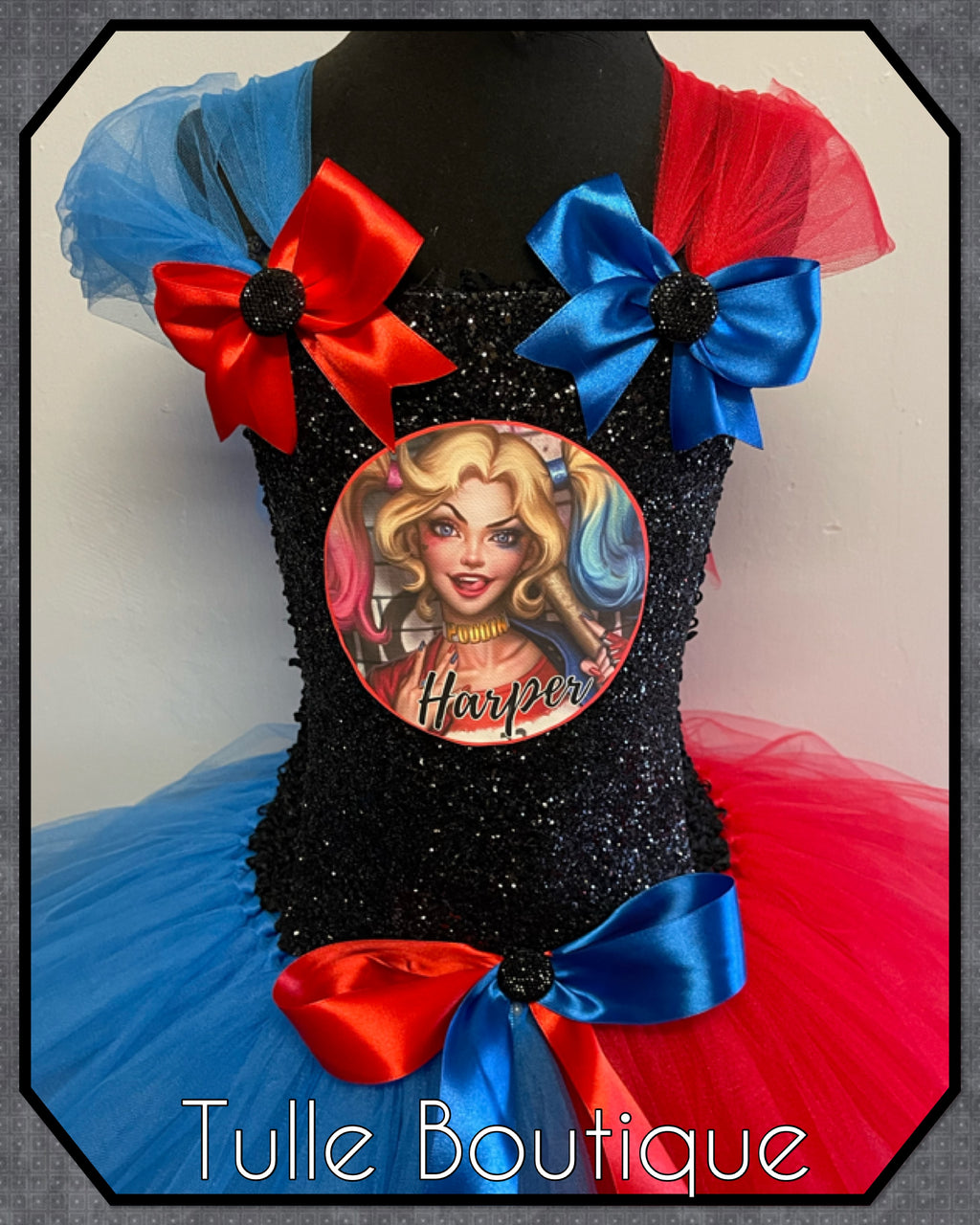 Girls toddlers Superhero Harley Quinn  tutu dress, ballgown, fancy dress costume